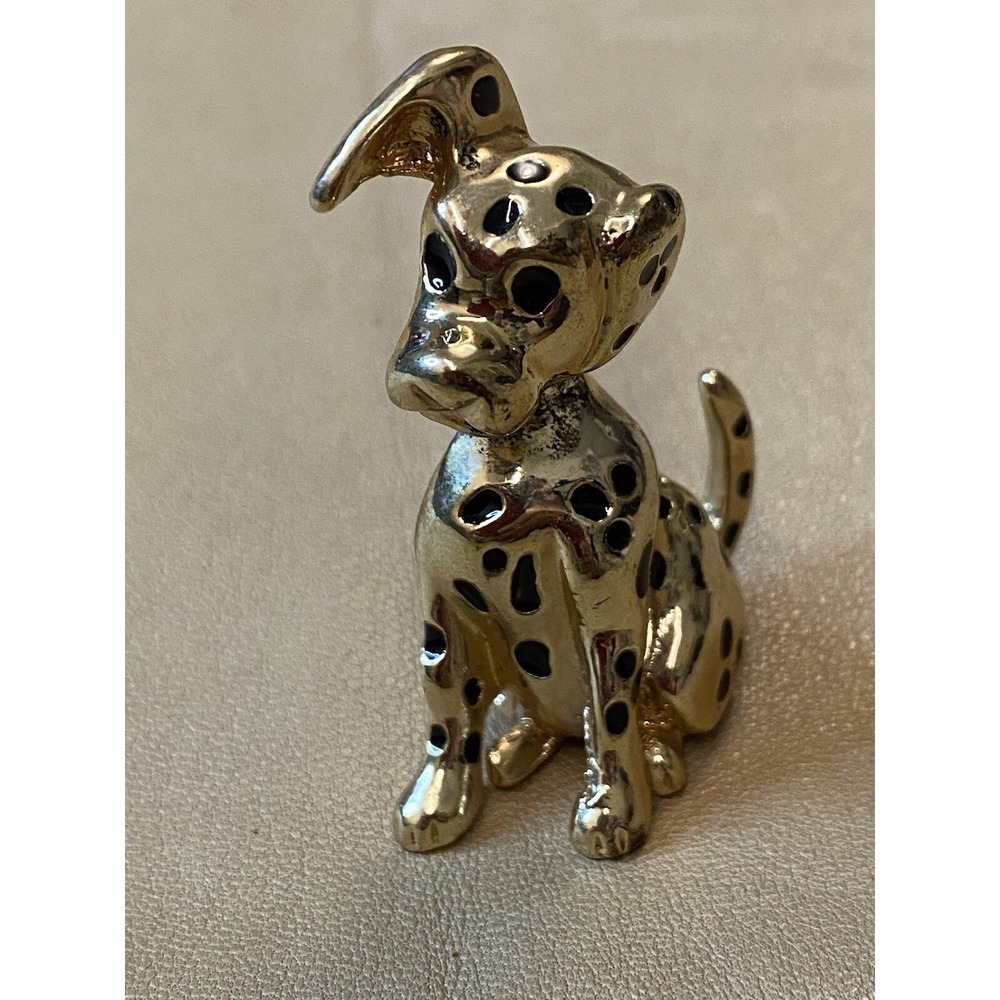 Vintage Dalmation Dog Goggie Brooch Black Enamel Over Gold Tone Metal Pet Poppy